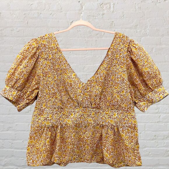 โจ J.Crew Deep V Puff Sleeve Blouse 16 ๐ Yellow Floral Peplum Cotton Blend ๐ธ - Picture 2 of 14